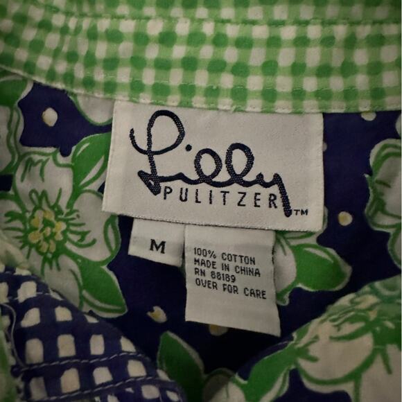 White Label Lilly Pulitzer Blue & Green Patchwork Button Front Shirt Dress Sz M - Picture 6 of 12